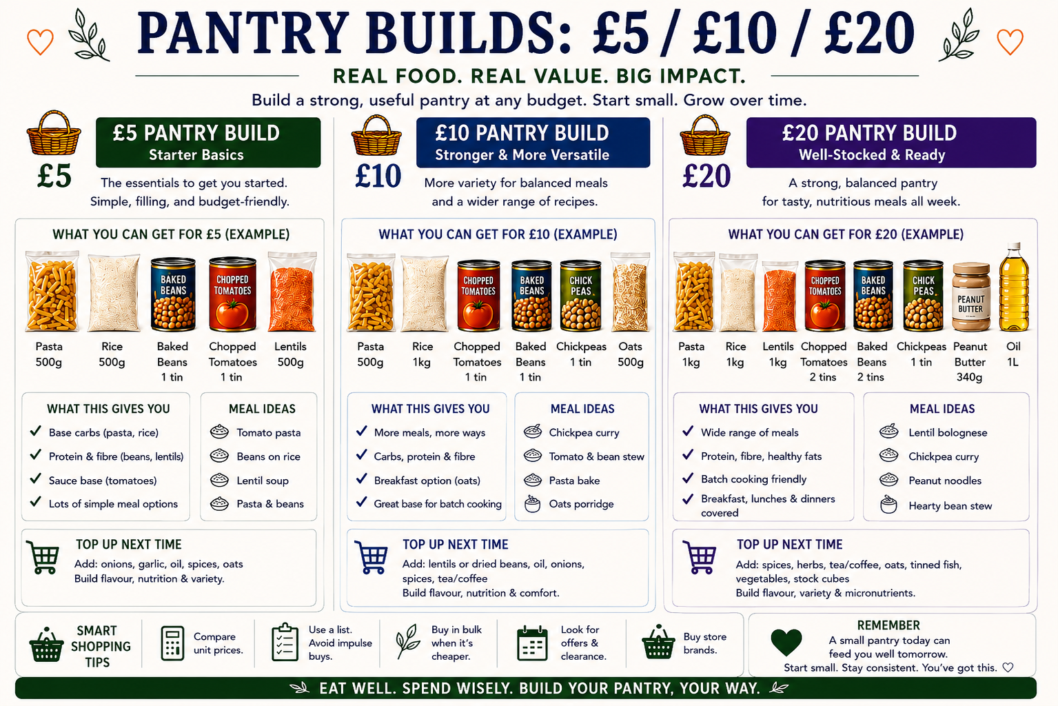 Pantry builds at &pound;5, &pound;10, and &pound;20.