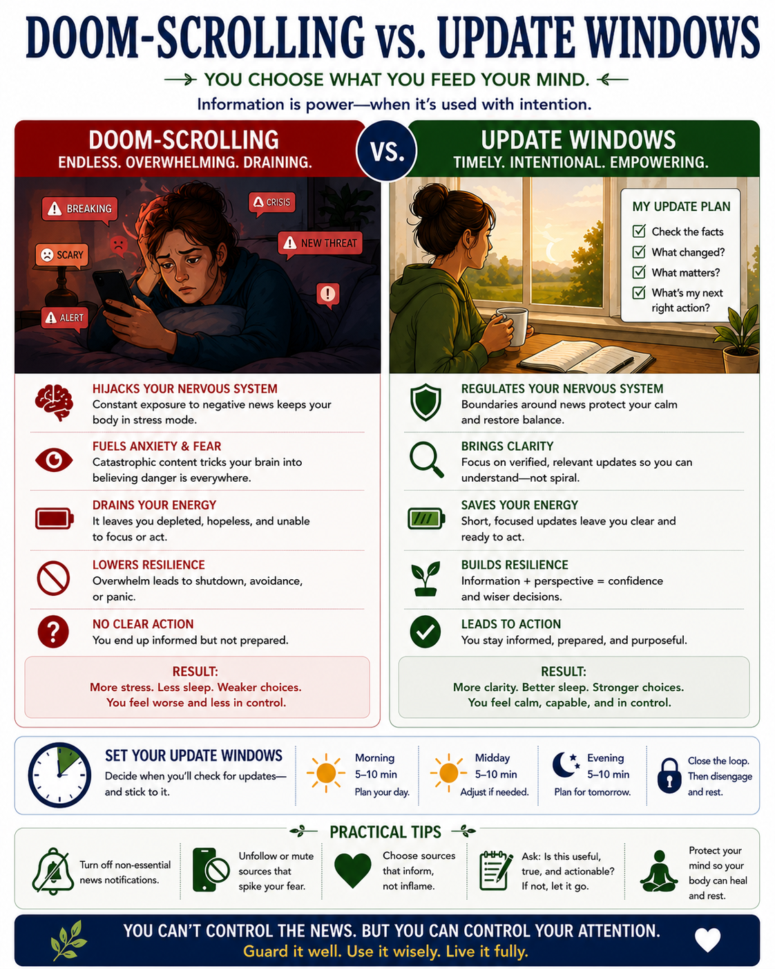 Two evenings drawn side by side — the same news, the same world, the same person, but two very different relationships with the screen.