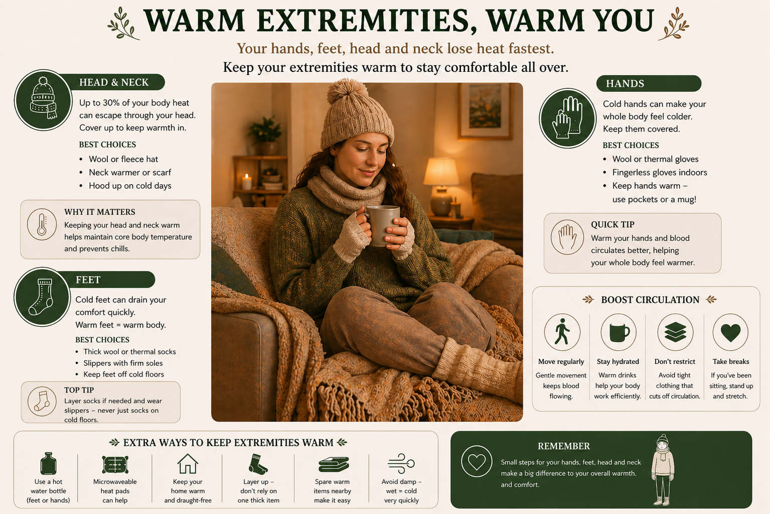 Warm extremities, warm you — an illustrated guide to keeping hands, feet, head and neck warm in cold weather.