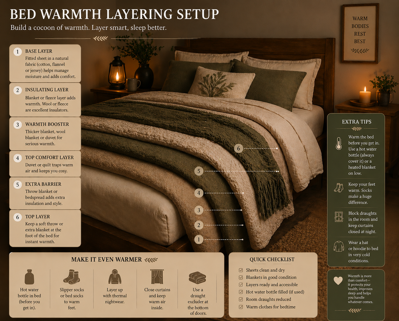 Bed Warmth Layering Setup diagram showing a bed with six labelled bedding layers from base sheet through to top throw, with surrounding panels on extra warmth tips, making it even warmer, and a quick bedtime checklist.