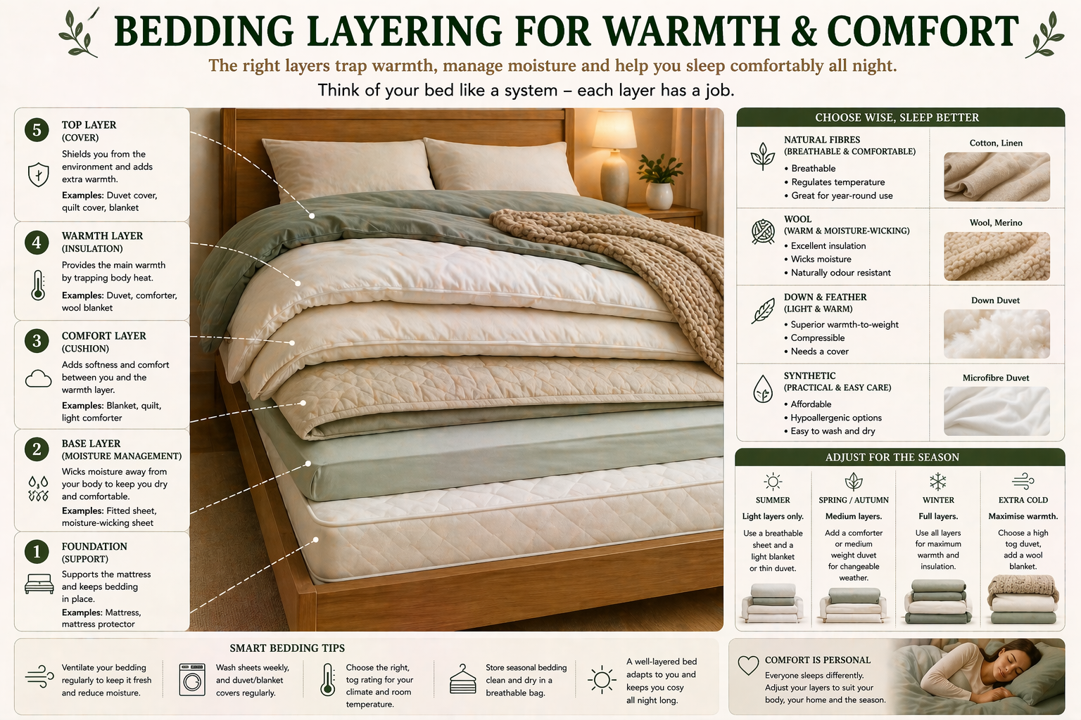 Cutaway view of a made bed with five numbered bedding layers labelled along the side — foundation (mattress and protector), base layer for moisture management, comfort layer for cushioning, warmth layer for insulation, and top layer for protection. A side panel compares natural fibres including cotton, linen, wool and merino with down and synthetic options, and a seasonal strip at the bottom shows how to adjust layering for summer, spring or autumn, winter, and extra cold conditions.
