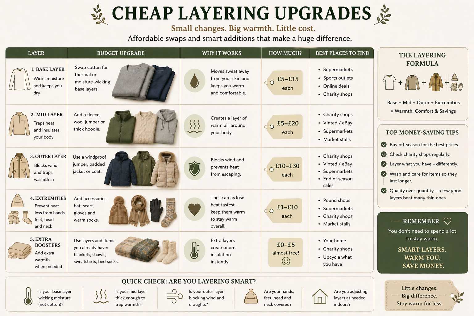 Cheap Layering Upgrades chart listing each of the five clothing layers with a budget upgrade suggestion, why it works, approximate cost, and best places to find it. The layers are base, mid, outer, extremities, and extra boosters, with prices ranging from almost free for reusing existing items up to £30 for a padded outer coat. Side panels explain the layering formula (base plus mid plus outer plus extremities equals warmth, comfort and savings), top money-saving tips, and a quick self-check for whether you're layering smart.