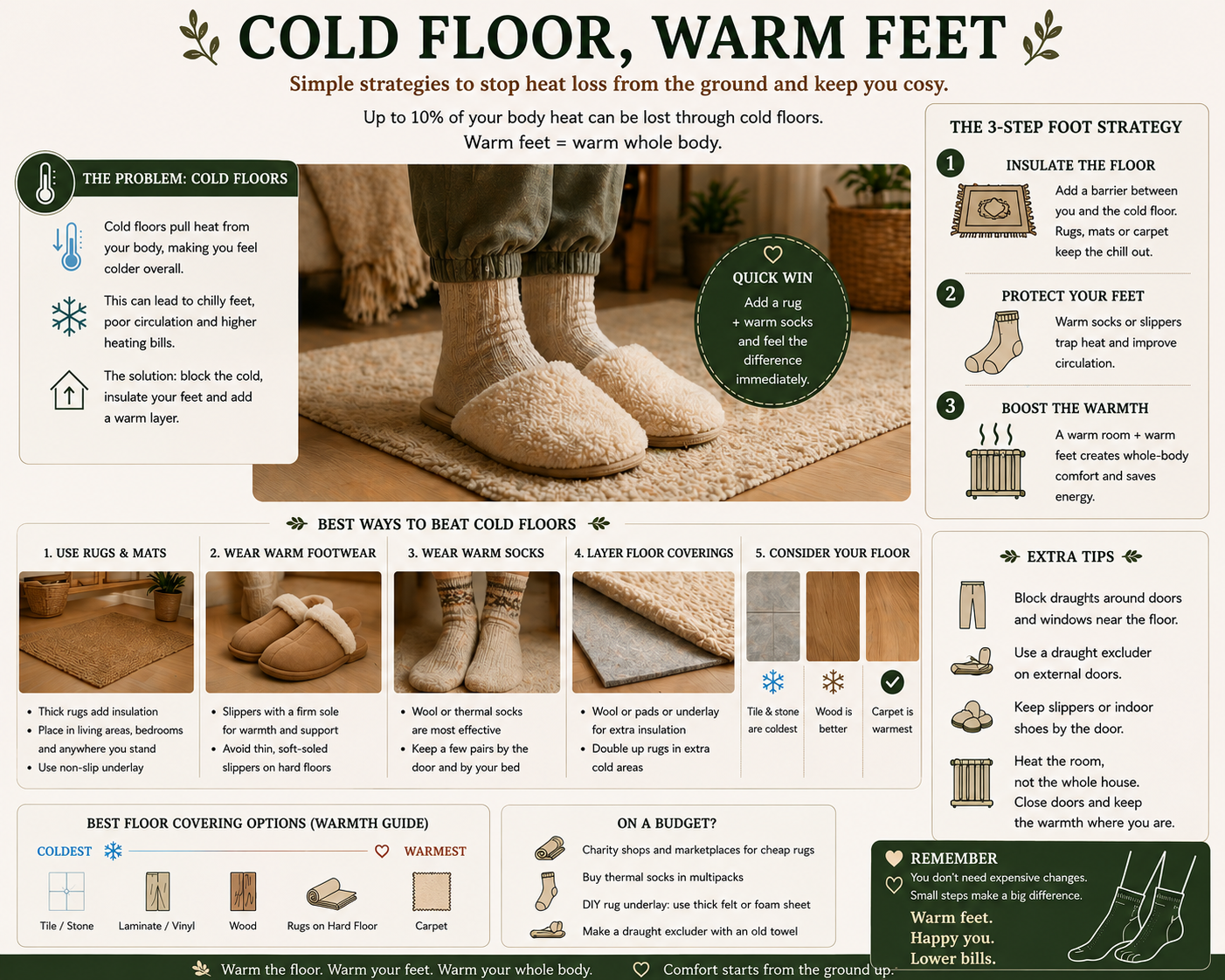 Cold Floor Warm Feet infographic noting up to 10 percent of body heat can be lost through cold floors. A central photograph shows a person standing on a rug in warm socks and lambswool slippers. A three-step foot strategy covers insulating the floor with rugs and mats, protecting feet with warm socks or slippers, and boosting the warmth with a warm room. Further panels list best ways to beat cold floors, warmth rankings of tile, laminate, wood, rugs and carpet, budget tips, and extra guidance on draught-blocking near doors and windows.
