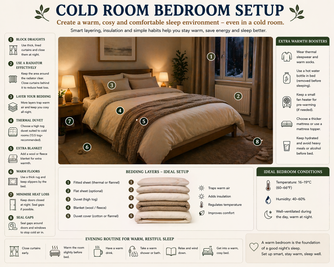 A warmly lit bedroom annotated with eight numbered measures for cold weather — thick lined curtains drawn at the window, a clear radiator with curtains tucked behind it, layered bedding on the bed, a high-tog thermal duvet, an extra wool throw across the foot of the bed, a thick rug with slippers beside it, the door kept closed at night, and gaps sealed around windows and doors. Side panels list extra warmth boosters such as thermal sleepwear, a hot water bottle and a small fan heater, an ideal-conditions panel giving 16 to 19 degrees Celsius and 40 to 60 percent humidity, and an evening routine strip showing six wind-down steps.