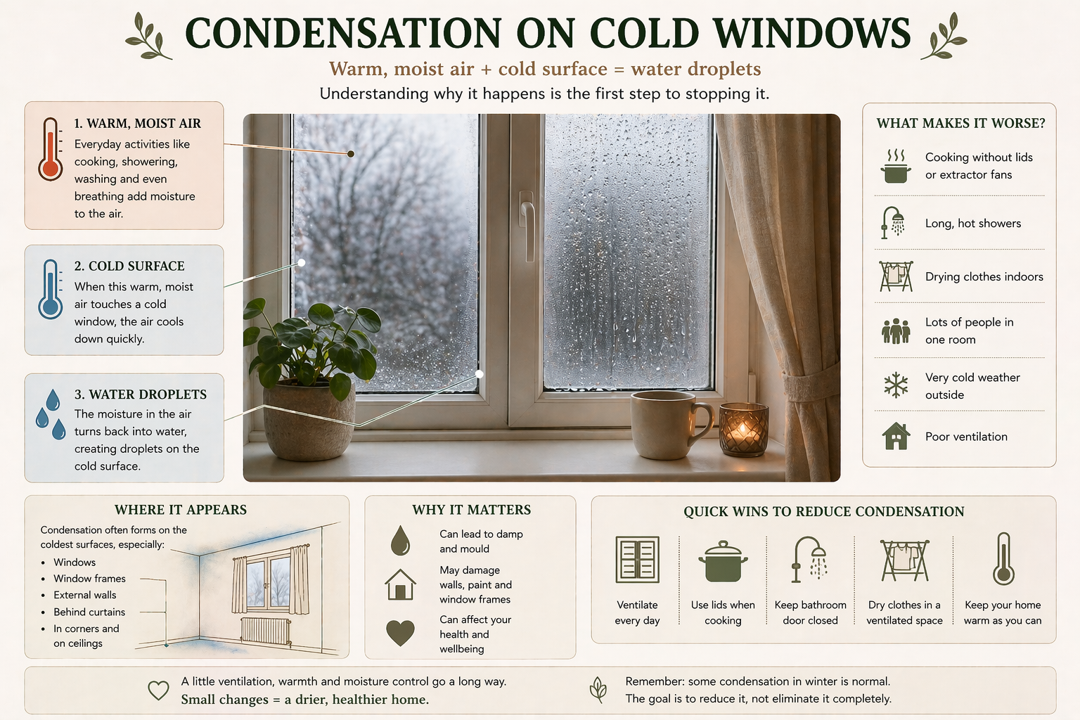Condensation on Cold Windows diagram showing a window with water droplets on the glass and a small plant on the sill. Three numbered points explain the physics: warm moist air is added to the home by cooking, showering, washing and breathing; this air touches a cold window surface and cools rapidly; the moisture turns back into water droplets on the cold surface. Side panels list what makes condensation worse (cooking without lids, long showers, drying clothes indoors, many people in one room, very cold weather, poor ventilation), where it appears most often, why it matters, and quick ways to reduce it.