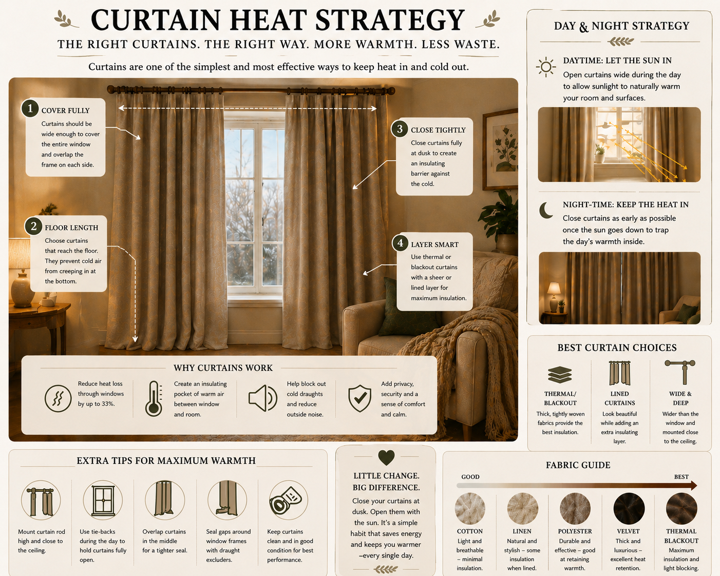 Curtain Heat Strategy diagram showing a window with four labelled curtain tips: cover fully, reach the floor, close tightly, and layer smart. Side panels explain day and night strategy with photographs of open and closed curtains, why curtains work including reducing heat loss by up to 33 percent, best curtain choices such as thermal blackout and lined curtains, and a fabric guide ranking cotton, linen, polyester, velvet, and thermal blackout from good to best.