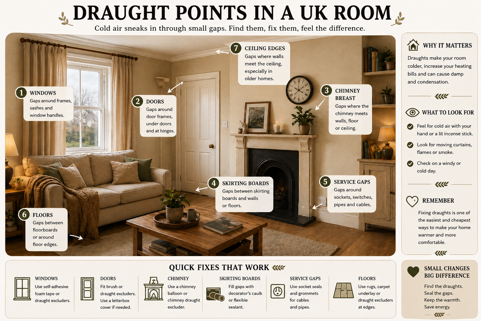 Draught Points in a UK Room diagram showing a typical living room with seven labelled draught sources: windows, doors, chimney breast, skirting boards, service gaps, floors, and ceiling edges. Side panels explain why draughts matter, what to look for, and quick fixes using items like foam tape, draught excluders, chimney balloons, caulk, socket seals, and rugs.
