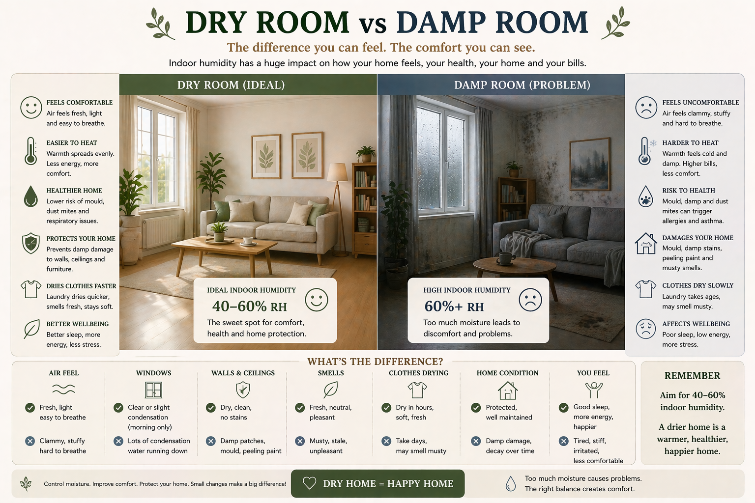 Dry Room versus Damp Room side-by-side comparison photographs showing the same living room in two states. The dry room has bright natural light, clean dry walls, fresh air and plants, with labels describing how it feels comfortable, is easier to heat, is a healthier home, protects the house, dries clothes faster, and supports wellbeing. The damp room shows condensation on windows, mould and dark patches on walls, dim grey lighting, and labels describing clammy uncomfortable air, poor heating, health risks, home damage, slow clothes drying, and affected wellbeing. A central panel names the ideal indoor humidity as 40 to 60 percent, versus 60 percent and above for the damp room. A lower panel compares the two rooms across air feel, windows, walls and ceilings, smells, clothes drying, home condition, and how people feel in each.