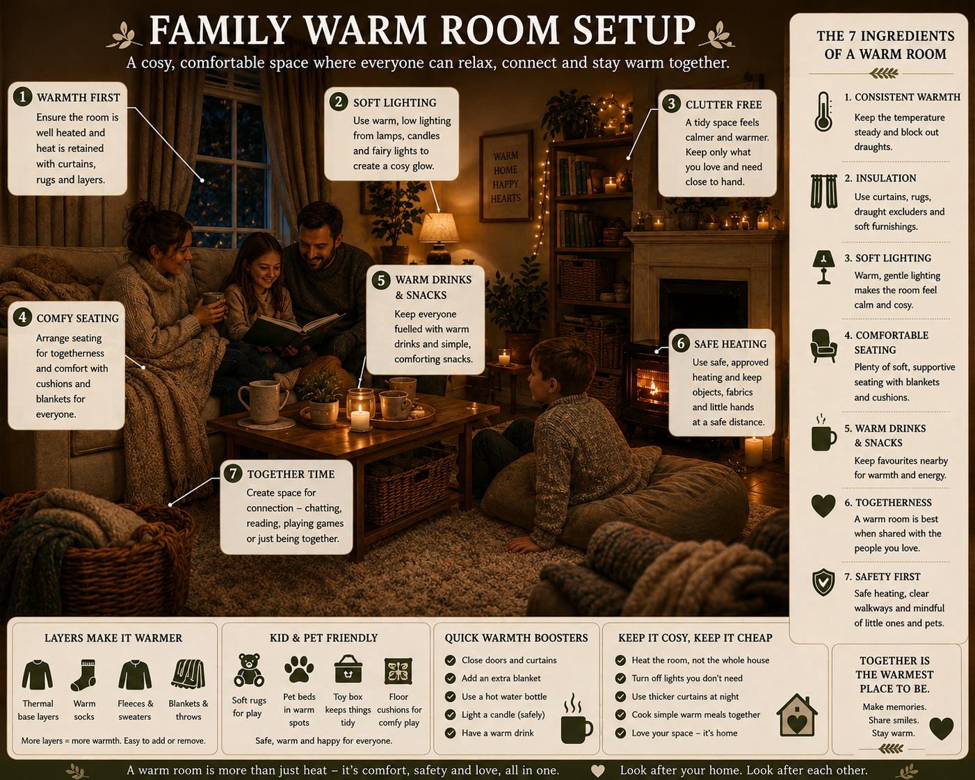 Family Warm Room Setup photograph showing a family of four gathered together reading a book in a warmly lit living room, with a log burner, closed curtains, soft seating, and candles. Seven numbered labels highlight warmth first, soft lighting, clutter free, comfy seating, warm drinks and snacks, safe heating, and together time. Side panels list the seven ingredients of a warm room, layers that make it warmer, kid and pet friendly features, quick warmth boosters, and tips for keeping it cosy and cheap.