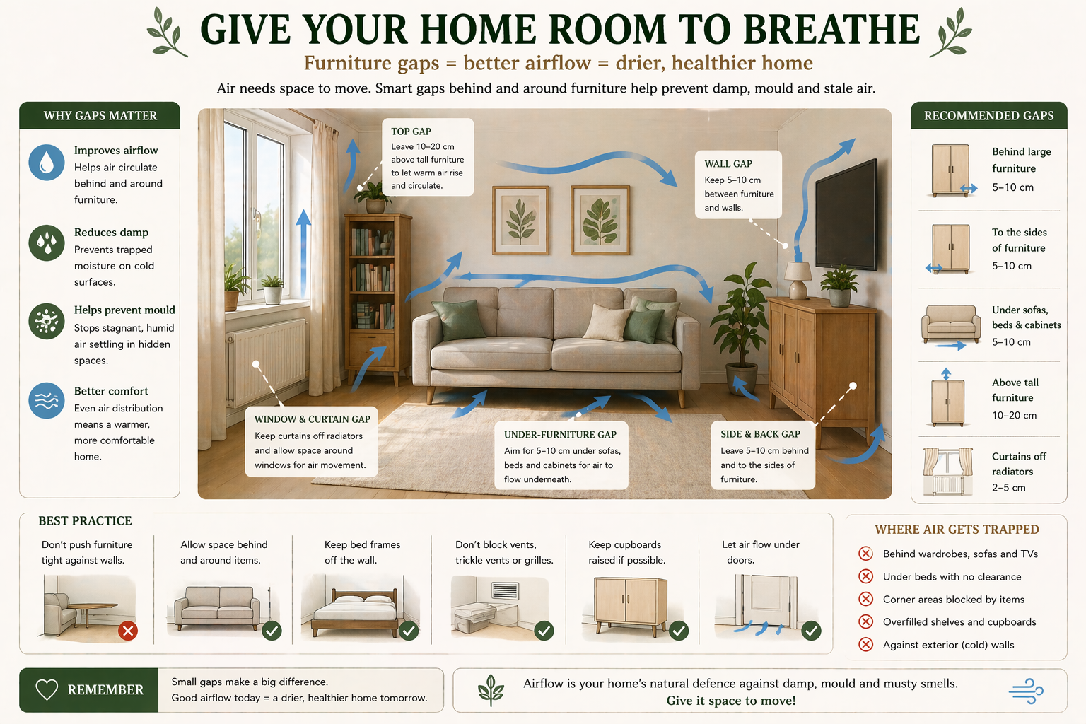 Furniture Gap Airflow diagram showing a living room with blue arrows tracing how air should circulate around and behind furniture. Labelled gaps include a wall gap of 5 to 10 centimetres between furniture and walls, a top gap of 10 to 20 centimetres above tall furniture, an under-furniture gap of 5 to 10 centimetres beneath sofas and beds, a window and curtain gap, and a side and back gap. Side panels explain why gaps matter (improves airflow, reduces damp, helps prevent mould, better comfort), recommended gap distances for different furniture types, best-practice examples and common mistakes, and where air tends to get trapped such as behind wardrobes, under beds with no clearance, and against cold exterior walls.
