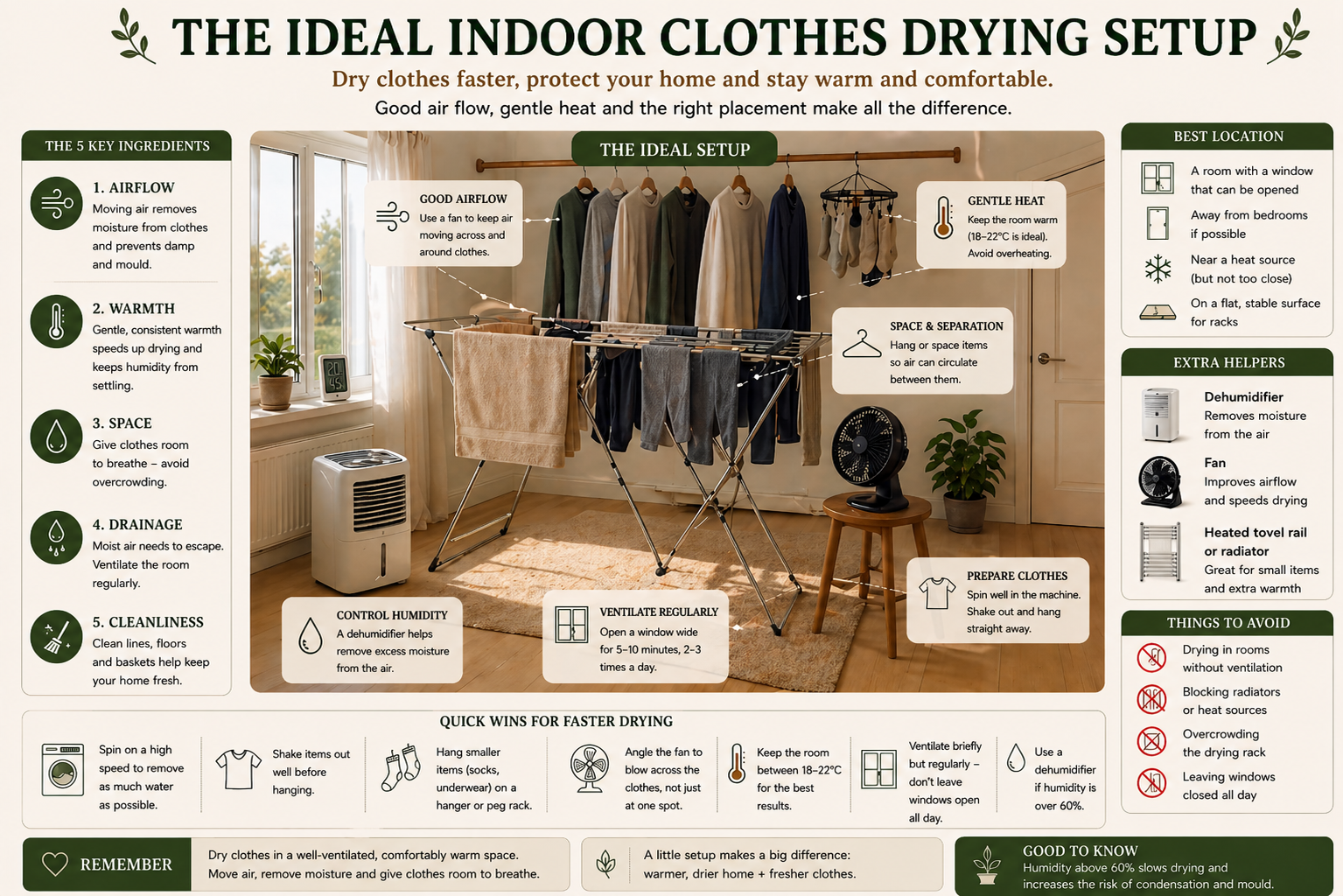 Ideal Indoor Clothes Drying Setup photograph showing a sunlit room with a freestanding clothes airer holding a spaced set of jumpers, trousers, towels, and socks, with a portable fan, a dehumidifier, and an open window nearby. Five key ingredients are named: airflow, warmth, space, drainage, and cleanliness. Callouts mark good airflow, gentle heat (18 to 22 degrees), proper space and separation between items, well-prepared clothes (spun well, shaken out), regular ventilation for five to ten minutes, and humidity control. Side panels suggest the best location, extra helpers (dehumidifier, fan, heated towel rail), things to avoid, quick wins for faster drying, and the reminder that humidity above 60 percent slows drying and increases condensation risk.