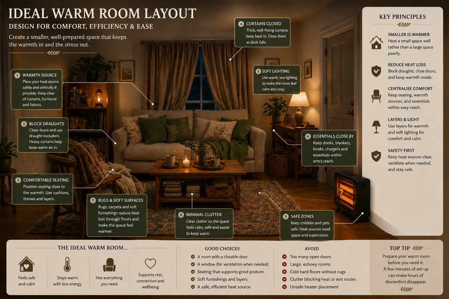 Ideal Warm Room Layout diagram showing a living room with nine annotated features including a warmth source, draught-blocking, comfortable seating, closed curtains, soft lighting, essentials within reach, rugs and soft surfaces, minimal clutter, and safe zones. A side panel lists key principles: smaller is warmer, reduce heat loss, centralise comfort, layers and light, safety first.