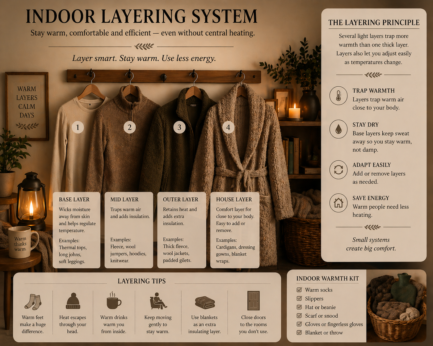 Indoor Layering System diagram showing four garments on a coat rack labelled base layer, mid layer, outer layer, and house layer, alongside a panel explaining the layering principle, layering tips, and an indoor warmth kit.