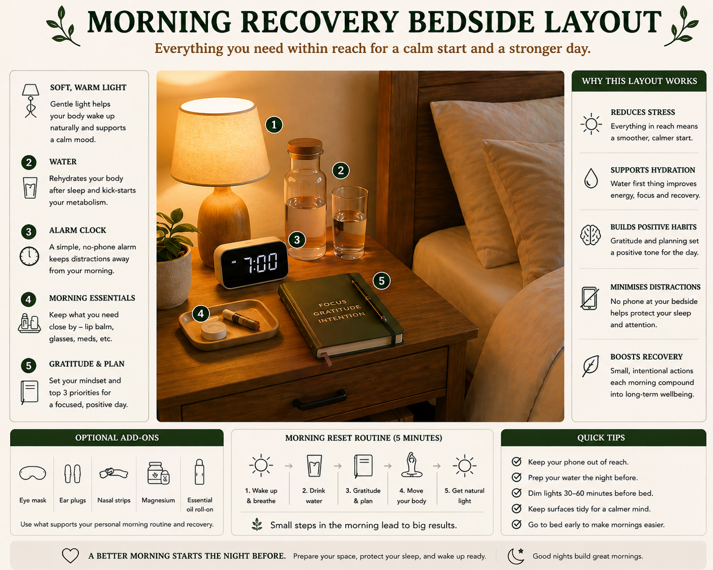 A softly lit bedside table arranged with five numbered essentials for an easier morning — a warm-toned lamp, a glass carafe and tumbler of water, a simple non-phone alarm clock reading 7:00, a small wooden tray holding lip balm and other morning items, and a dark green journal labelled focus, gratitude, intention with a pen on top. Side panels explain why the layout works (reducing stress, supporting hydration, building habits, removing phone distractions) and offer optional add-ons such as eye mask, ear plugs and magnesium, alongside a five-step morning reset routine and quick tips.