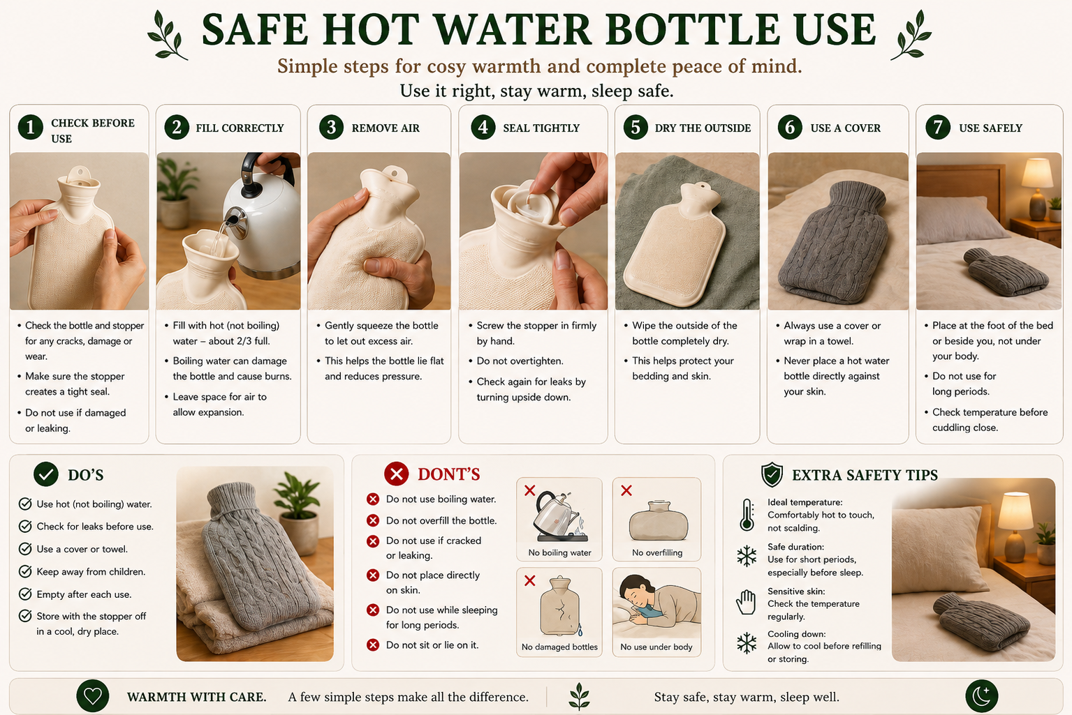 Seven-panel sequence showing how to use a hot water bottle safely — checking the bottle and stopper for cracks, filling about two-thirds full from a kettle with hot but not boiling water, gently squeezing to remove excess air, sealing the stopper firmly by hand, wiping the outside dry, fitting a knitted cover, and finally placing the covered bottle near the foot of the bed beside a softly lit lamp. Lower panels list do's and don'ts and extra safety tips on temperature, duration and skin contact.