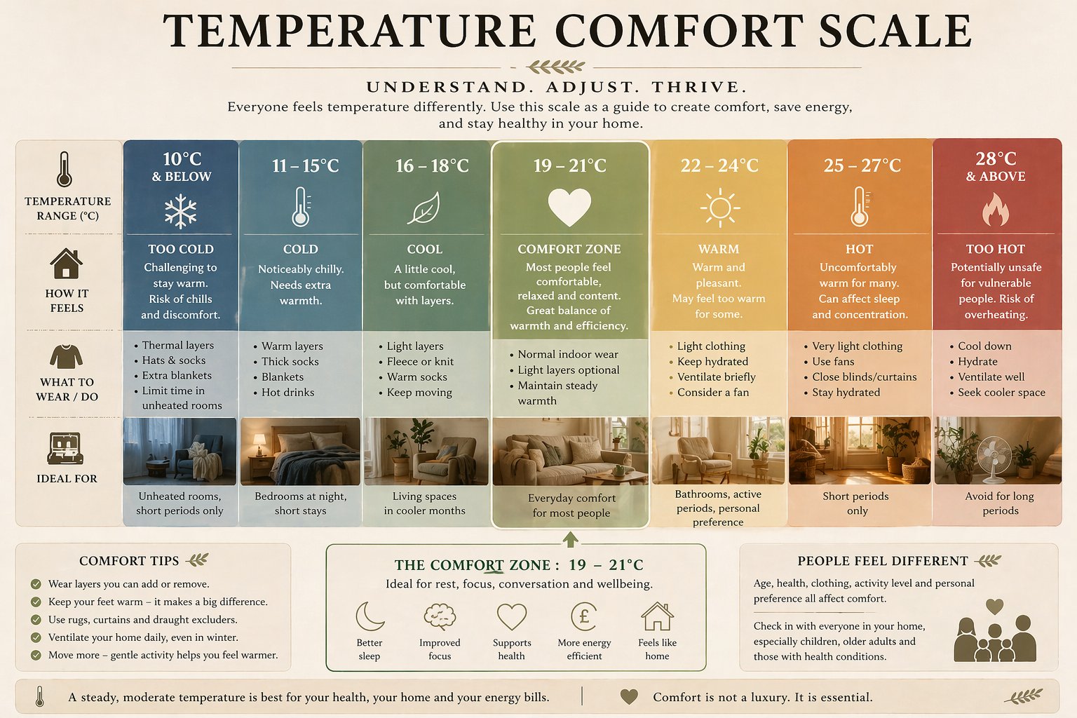 Temperature Comfort Scale infographic showing seven temperature ranges from 10&deg;C and below to 28&deg;C and above, with guidance on how each feels, what to wear, and ideal uses.