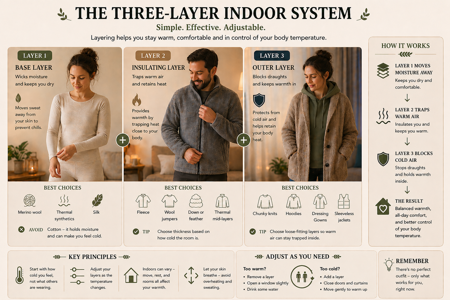 Three-Layer Indoor System diagram showing three people wearing progressively warmer layers: a base layer that wicks moisture, an insulating layer that traps warm air, and an outer layer that blocks draughts. Each layer panel lists best-choice fabrics and tips. Side panels explain how each layer works step by step, key principles, how to adjust layers if too warm or too cold, and a reminder that the right outfit is whatever works for you right now.