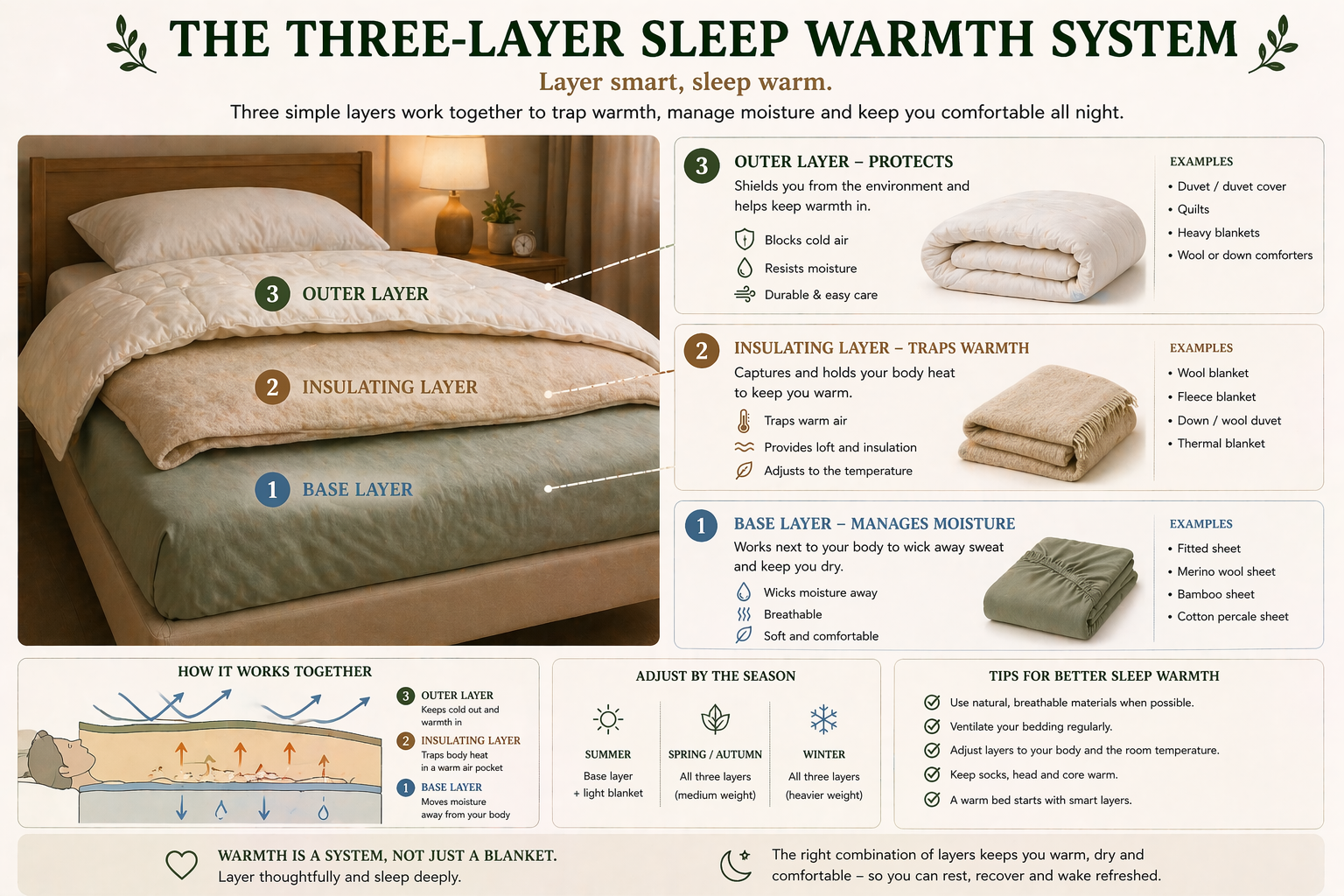 Diagram of a layered bed labelled with three numbered layers — the green fitted base sheet (layer 1, manages moisture), a folded fawn insulating blanket (layer 2, traps warmth), and a quilted cream outer duvet (layer 3, protects). Side panels list examples for each layer, a small cross-section shows warm air held in a pocket above a sleeping figure with moisture moving downward through the base, and a seasonal guide shows how many layers to use across summer, spring or autumn, and winter.