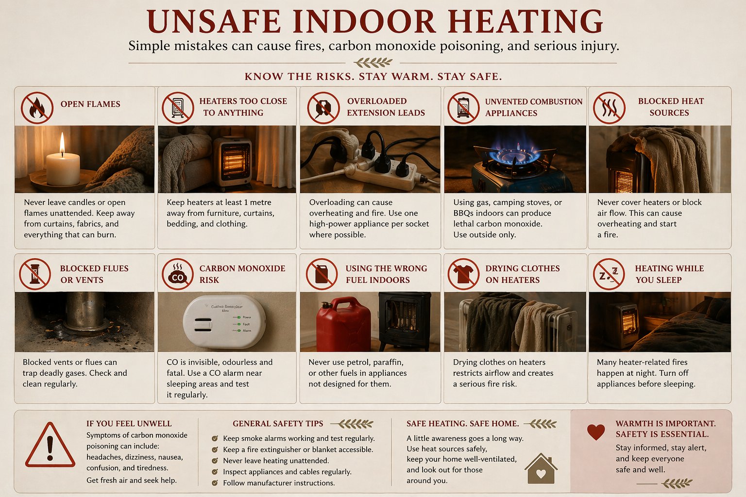 Unsafe Indoor Heating warning chart showing ten common heating hazards with photographs and guidance, including open flames, heaters too close to objects, overloaded extension leads, unvented combustion, blocked heat sources, blocked flues, carbon monoxide risk, wrong fuels, drying clothes on heaters, and heating while sleeping.