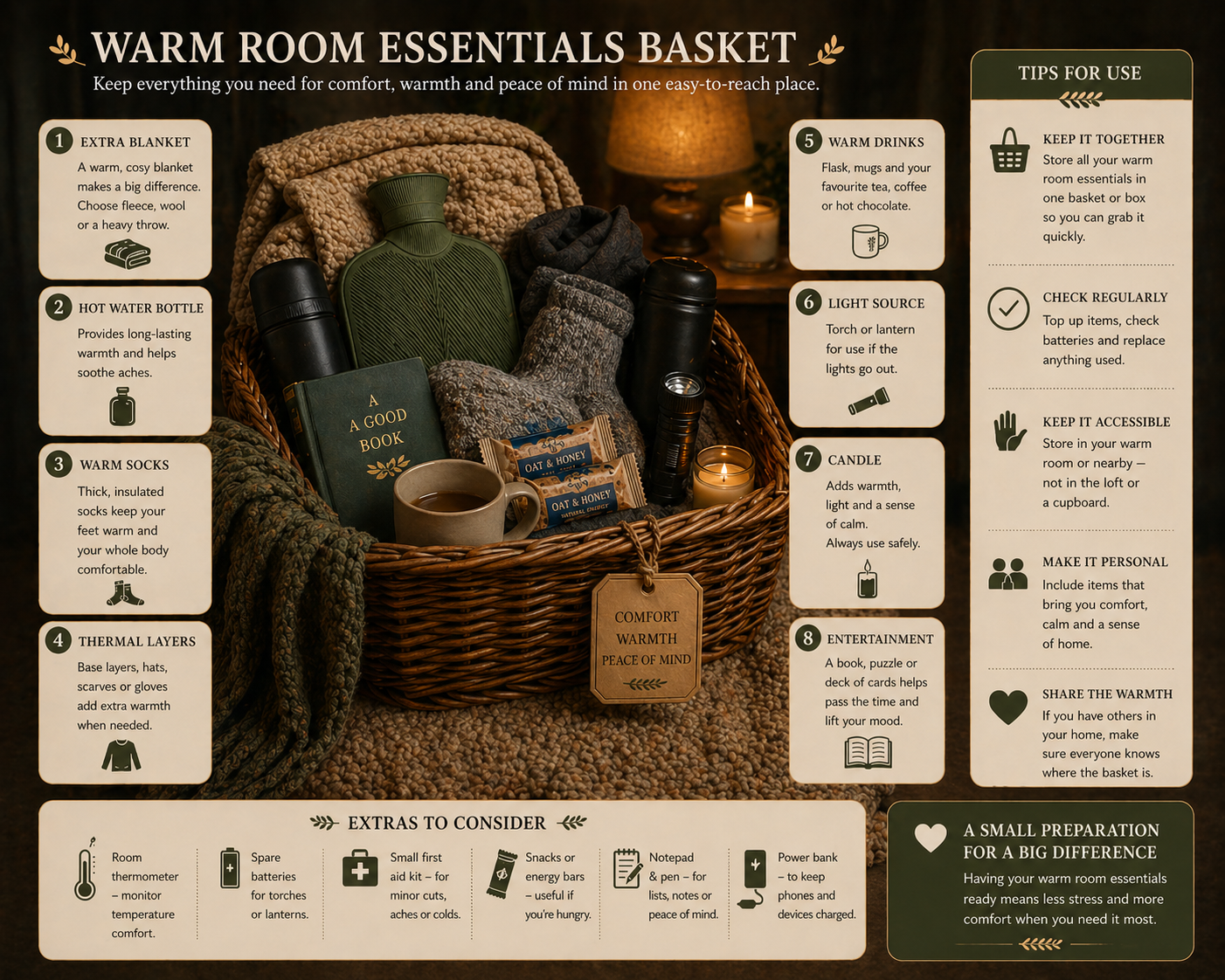 Warm Room Essentials Basket photograph showing a woven basket filled with an extra blanket, hot water bottle, warm socks, thermal layers, warm drinks flask, torch, candle, and a book, labelled with eight numbered essentials. Side panels offer tips on keeping the basket together, checking it regularly, and making it personal, plus extras to consider such as a room thermometer, spare batteries, first aid kit, snacks, notepad, and power bank.