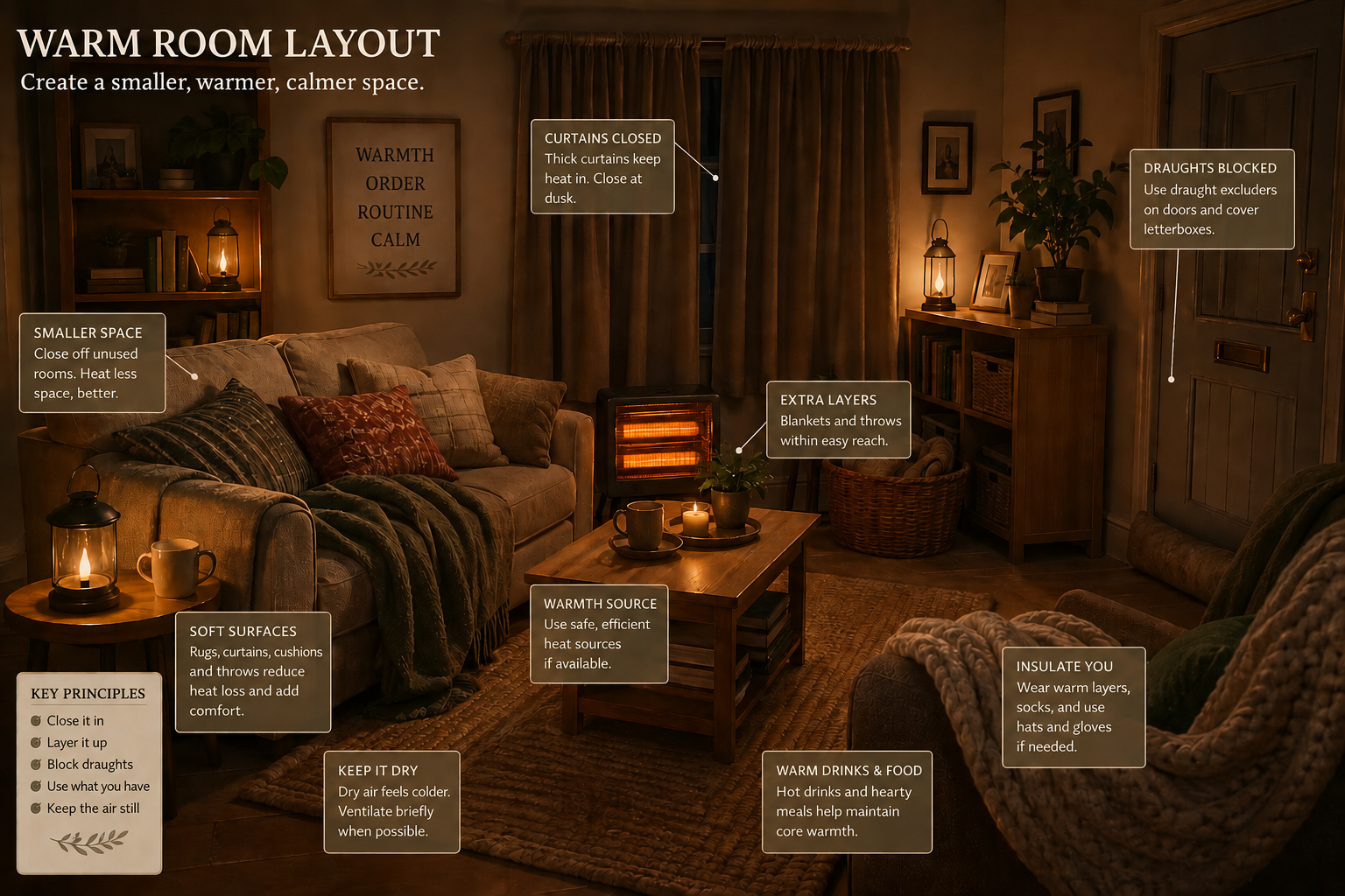 Warm Room Layout diagram showing a cosy living room with annotations for smaller space, curtains closed, extra layers, drafts blocked, warmth source, soft surfaces, and insulating the body.