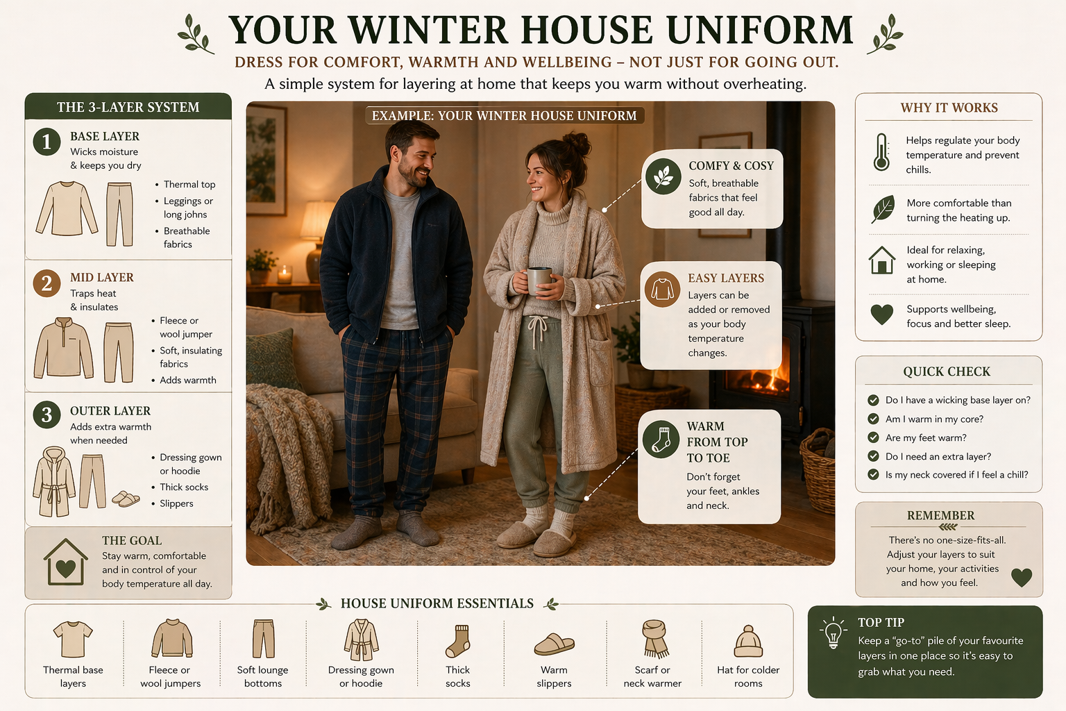 Your Winter House Uniform photograph showing a man and a woman smiling together in a warmly lit living room beside a log burner, each wearing a three-layer outfit: thermal base, fleece or wool mid layer, and a dressing gown or fleece overshirt, with warm lounge bottoms, thick socks, and slippers. A side panel explains the three-layer system with icons for each layer. Further panels highlight why this works, a quick self-check with five questions, a top tip to keep a ready-to-wear pile of favourite layers, and a row of house uniform essentials.